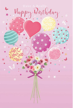 This illustrated birthday design feels like a little party suspended in the air above Epping, as if someone has just stepped out of a florist on the High Street carrying a bouquet of balloons and blooms. Against a gentle pink backdrop, a cluster of balloons hovers, painted in soothing pastels of rose, teal, lemon, and lavender. Each balloon has its own character: some wear candy-like stripes that curl around their round forms, others are dotted with playful spots or adorned with tiny floral and swirl patterns, reminiscent of festive bunting you might see at a gathering near the edge of Epping Forest. Nestled at the centre of this floating display is a fresh, hand-tied bouquet, its petals velvety and full, blending shades of creamy white, blush pink, and dusty mauve. The flowers look soft to the touch, as though their fragrance would be light and comforting, like the scent that greets you walking into a well-loved local flower shop. At the base, the green stems draw together neatly, bound by a rich purple ribbon that sparkles subtly, suggesting care and attention from an experienced florist. Tiny star shapes and whimsical butterflies drift around the composition, adding to the sense of movement and joy, as if birthday wishes are fluttering up through the air towards the sky above St John's Road. The whole artwork conveys warmth, optimism, and celebration, ideal for sending a heartfelt birthday message that feels personal, pretty, and thoughtfully arranged.