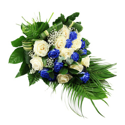 A dignified blue and white rose spray stretches diagonally across a clean white backdrop, shaped like a gentle teardrop that narrows to a soft point. The central focus is a lush gathering of fully opened roses, their petals layered and velvety. Deep sapphire blue roses sit side by side with creamy white and ivory blooms, the cool tones working together to create a serene yet striking contrast, reminiscent of a quiet sky above the trees surrounding Epping Forest. The roses are carefully spaced so that neither colour dominates, giving a rhythm of light and shade that feels calm and balanced. Around and beneath the flowers, lush foliage creates a structured frame: broad, glossy dark green leaves form a solid base, while bright green ferns fan outward near the top, adding a feathery softness. Long palm fronds sweep elegantly from the lower right, their slender lines guiding the eye along the cascading shape typical of a sympathy sheaf or funeral spray. Between the roses, wisps of white baby's breath scatter like tiny stars, bringing airiness and a sense of tenderness. Small bluish-green leaves, like eucalyptus, add subtle cool accents and extra texture. Deliberately folded bands of variegated green and cream foliage curve through the design, hinting at the practiced hand of an experienced florist used to preparing tributes for churches and cemeteries across Epping. The overall impression is one of quiet composure and heartfelt condolence, an arrangement created to honour a loved one's memory with grace and understated beauty.
