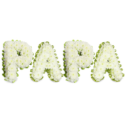 A lovingly crafted floral tribute spelling the name 'PAPA' in bold, capital letters, each character formed from a dense cluster of pristine white chrysanthemums or similar small white blooms that create a soft, pillowed surface. The flowers are packed tightly to produce a slightly domed effect, giving each letter sculptural weight and a tactile softness that invites quiet touch. Around every letter a folded ribbon of pale, lime-green or a neat band of foliage runs in a gentle, wavy line, crisply outlining the white blooms and adding a fresh, uplifting edge to the composition. Set against a stark white background, the contrast is clean and serene, letting the serenity of the white petals speak to remembrance while the green trim whispers renewal. There is a faint, powdery scent of chrysanthemums that lingers when close, and the arrangement catches gentle light in a way that accentuates petal texture and subtle shadows between blooms. As an experienced local florist serving Epping and nearby villages-Flowers Epping often receives requests for this classic white-and-green tribute-the piece is intended for wakes, funeral services, or a graveside farewell to a beloved father figure. It balances formal structure with personal sentiment: the intimate spelling 'PAPA' conveys familial warmth, while the restrained palette and precise craftsmanship express quiet dignity. Whether ordered from a chapel on Epping High Street or sent to a small church near St John's Road, this design reads as a sincere emblem of love, respect, and peaceful remembrance.