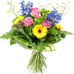 Set against a crisp white background, this hand-crafted bouquet appears almost to float, its colours and textures captured with the clarity of a still-life painting. At its heart, several dusky pink roses unfurl in layered spirals, their petals soft and slightly ruffled at the edges, giving the arrangement a romantic, welcoming tone. Surrounding them are cheerful yellow gerbera daisies, their wide open faces and rich chocolate-brown centres radiating warmth and optimism, like sunlight over the rooftops of Epping on a bright weekend morning. Rising above the rounded cluster, elegant spires of deep blue delphinium provide graceful vertical lines; each stem is dotted with petite, individual blooms that echo the cool blue of a clear Essex sky after rain. The bouquet is generously cushioned with foliage that feels both lush and carefully composed. Fine, feathery fern fronds peep out from the lower edges, adding a natural, garden-like softness, while broad, glossy green leaves form a more structured framework that highlights the flower heads. Between them, small clumps of vivid, almost mossy green filler foliage add tactile texture and extra fullness, making the bouquet look abundantly fresh, as if just conditioned in a local Epping florist's studio. Slender, pale green stems tipped with tiny buds rise delicately here and there, suggesting new blossoms still to come. At the base, larger leaves with subtle lighter stripes are wrapped artfully around the stems as a neat collar, with the gathered stems below tied securely in a pale, fabric-like wrap. The overall impression is of a contemporary yet friendly design, ideal for same-day delivery to homes and offices around Epping, Theydon Bois, or along Station Road when you want to send an uplifting message of joy, encouragement, or celebration.