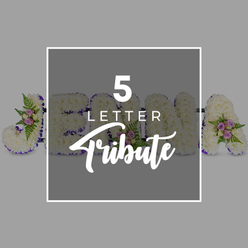 This image presents a thoughtfully composed five-letter floral tribute, arranged in a straight line on a smooth, light grey surface that lets every detail of the flowers stand out, much like a display in a quiet Epping chapel. The letters, which appear to spell "J", "O", "H", "N" with an "A" set at the far right, are formed from a dense blanket of crisp white chrysanthemums. Their petals create a soft, velvety texture that feels almost cushion-like to the eye, a comforting presence suited to a funeral, memorial, or celebration-of-life service. Each letter is neatly defined by a band of deep purple satin ribbon, the sheen of the fabric catching the light and adding a sense of ceremony and depth. At select points around the letters, small accents of colour break through the white: clusters of pale pink and dusky mauve spray roses are tucked among glossy green foliage and airy fern fronds, suggesting tenderness, remembrance, and love. Across the centre of the arrangement, a semi-opaque grey square overlay sits like a subtle plaque, framed in white. On it, the phrase "5 LETTER Tribute" appears, with "5 LETTER" set in a clean, uppercase font and "Tribute" in a graceful script, clearly indicating this is an example of a personalised name tribute. The overall lighting is soft and even, revealing the textures of each petal and ribbon fold without harsh shadows. The design feels both modern and timeless, the kind of bespoke floral lettering that a local Epping family might choose to honour someone dear at a nearby churchyard or crematorium.
