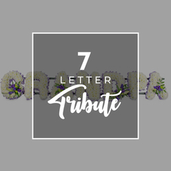 Set against a smooth, mid-grey backdrop, this image centres on a darker grey square outlined by a fine white frame, drawing the eye inward. Within this frame, the white text is carefully balanced: a bold numeral "7" at the top, the word "LETTER" beneath it in a modern, understated font, and the word "Tribute" below in a soft, sweeping script that suggests grace and emotion. Behind and around this central panel, partly hidden like cherished stories shared within a family, lie the individual floral letters that spell "GRANDMA." Each letter is sculpted from densely packed white blossoms, likely chrysanthemums, whose layered petals create a cushiony, velvety surface. These white blooms form a uniform base, evoking peace, innocence, and a sense of calm. Interwoven through this white foundation are clusters of vivid purple flowers-possibly lisianthus or delicate roses-nestled among touches of glossy green foliage. The purples add gentle depth and contrast, reminiscent of a twilight sky above the trees in nearby Epping Forest, while the greenery hints at fresh, living gardens around Epping's quiet streets. Only portions of the G, R, A, N, D, M and final A are visible at the sides of the square, yet their consistent styling makes it clear that this is a bespoke seven-letter funeral tribute. The overall feeling is one of lovingly crafted remembrance, the kind of personalised floral lettering families might choose for a service at a local Epping church or crematorium when words alone feel too small to express their love for a much-missed grandma.