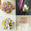 A carefully styled four-panel collage showcases a complete pink and green wedding flower collection, the sort of coordinated set often requested for Epping church weddings and receptions near the forest. In the upper-left image, the lower half of a bride in a lace-trimmed white gown is seen holding a rounded hand-tied bouquet, packed generously with light pink and lavender roses in varying stages of bloom. Bright green button chrysanthemums, dainty stems of baby's breath, and soft pink alstroemeria with tiny yellow speckles weave through the design, with lush green foliage adding depth and contrast so the pastel petals really stand out. The upper-right panel focuses closely on a groom's charcoal grey suit jacket and vibrant fuchsia tie. On his lapel sits a coordinating boutonniere: one elegant pale pink rosebud surrounded by fresh green chrysanthemums, sprigs of gypsophila, and slender decorative grasses, all neatly wrapped and finished with a slim pink ribbon that echoes the bridal bouquet. In the lower-left panel, a similar bouquet-possibly for a bridesmaid-rests lengthways on a neutral beige fabric, allowing a clear view of the fuchsia ribbon binding the stems and the compact, rounded shape that makes it easy to hold throughout the day. The lower-right panel completes the story with a charming table centerpiece positioned on a white surface, ideal for local Epping venues. Here, the same mix of pink and lavender roses, lively green button chrysanthemums, pink alstroemeria, and white baby's breath gathers into a white, woven-look spherical vase, accompanied by two light, decorative orbs, tying every floral detail of the celebration together.