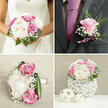 The image presents a close study of a groom's boutonnière and its connection to the bridal bouquet, styled as if for a wedding morning in Epping. The boutonnière itself is a small work of art: a single, perfectly formed rose in a soft lilac tone, its outer petals gently unfurling, is nestled against a fine spray of feathery greenery and miniature puffs of white baby's breath. A slender lavender ribbon is wrapped neatly around the stem, its satin finish catching the light like a subtle shimmer on a misty Epping Forest path. In the background or nearby, you can sense the presence of the bride's bouquet, with its fuller mix of cream peonies, blush and magenta-pink roses, and billowing gypsophila, so that the boutonnière feels like a quiet echo of that larger composition. The colours are beautifully restrained-cool lilacs, soft whites, and fresh greens-conveying calm confidence rather than showiness, the kind of detail you might see at an intimate ceremony in a local Epping church or a reception in a countryside barn. The textures invite touch: the smooth rose petals, the airy gypsophila, and the structured leaves all working in gentle contrast. The overall mood is one of thoughtful preparation, that hushed moment before the groom steps out to greet family and friends on the High Street. Every element suggests intention and care from an experienced florist, transforming this small floral accent into a fragrant keepsake that quietly mirrors the joy and unity of the day without overshadowing the bride's bouquet.