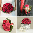 This four-frame composition presents a coordinated red rose wedding collection, the sort of refined styling often chosen for romantic celebrations in Epping's country venues and intimate town-hall ceremonies. In the top-left panel, the focus is on the bride's hands as she holds a compact, dome-shaped bouquet against her white gown. Deep, velvety red roses are clustered tightly, their petals spiralling inward, while glossy red hypericum berries nestle between the blooms. A tidy ring of rich green foliage forms a collar beneath, giving the bouquet a grounded, tailored look that contrasts beautifully with the soft fabric of the dress. Shifting to the groom in the top-right panel, a dark charcoal suit jacket becomes the backdrop for a single red rosebud boutonniere, accented with slender, ruscus-like greenery. Tiny white gypsophila and matching red berries add lightness and texture, and a narrow red satin bow secures the stems, echoing the vivid red tie and crisp white shirt beneath. On the bottom-left, another bouquet takes centre stage, perhaps designed for a bridesmaid walking through the streets near Epping station on her way to the ceremony. Several open red roses and clusters of berries are embraced by broad, sculptural dark green leaves, shaped in sleek arcs that frame the flowers. The stems are bound with a red ribbon, laid out on a subtly textured beige surface that lets the colours sing. The bottom-right image offers a table centerpiece: a tight dome of red roses and berries perched delicately on a white, woven, spherical holder made of natural fibres. Two smaller, wood-toned woven spheres rest nearby on a smooth, pale surface against a soft beige-grey wall, hinting at understated, nature-inspired reception décor. The four panels together reveal one unified, passionate design story, ideal for couples seeking coordinated red rose florals for their Epping wedding.