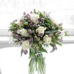 A rounded, thoughtfully designed bouquet of creamy white roses, lavender alstroemeria, and airy baby's breath stands in a clear cylindrical glass vase, bathed in gentle natural light as if placed near a bright window in an Epping home. Each rose is fully opened yet still pristine, the velvety petals curling softly outward to form layered cups of ivory that catch the light along their edges. Threaded between these focal blooms are elegant stems of alstroemeria in lilac and muted purple tones, some flowers open to reveal delicate markings and darker veining, others still held in slender buds that promise to unfurl over the coming days. Tiny white gypsophila sprays weave through the arrangement like a soft veil, filling small gaps and lending a cloud-like, romantic haze to the composition. Lush green foliage, both broad and glossy and slim and tapering, frames the pastel palette and provides a rich contrast that keeps the design feeling fresh and alive. The stems are neatly cut and visible through the crystal-clear water in the vase, giving a glimpse of the skilled spiral technique often used by local florists across Epping's high street shops. The scene feels calm and contemporary, suitable for a dining table in a North Weald home or a sideboard overlooking the greenery near Epping Forest. The bouquet's palette of whites and soft purples, coupled with the serene daylight, suggests quiet celebration and heartfelt sincerity, ideal for sending gentle congratulations, marking an anniversary, or offering comfort after difficult news, while still remaining elegant enough to serve as a refined everyday centrepiece.