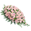 A refined funeral flower spray is displayed on a stark white background, its shape forming a classic teardrop that feels both structured and fluid. At the broad top of the spray, clusters of soft pink roses dominate, their multi-layered petals opening into rounded cups that radiate gentle warmth. Scattered among them are smaller rosebuds and spray roses in similar blush tones, creating a sense of depth and natural variation. Light peach-pink carnations fill the spaces between, their distinct frilled petals giving the arrangement a soft, almost cloud-like surface. The pink palette is delicate yet full, with hints of dusty rose and pale blush blending together like the evening sky over Epping Green. All of this rests on a bed of lush, dark green foliage, with sturdy, ovate leaves providing a strong backbone through the centre and edges. Slender, pointed stems of greenery reach outward and trail slightly from the lower right end of the spray, echoing the gentle downward flow and adding a touch of movement. The contrast between the pastel blooms and rich greenery is clear and soothing, making each flower easy to imagine, even without seeing it. This sympathetic design feels particularly suited to rest on a casket, graveside, or memorial table, perhaps at a service in one of Epping's quiet churches. It suggests a message of peace, gratitude, and enduring love, handcrafted by local florists who understand how important it is to honour a loved one with grace and heartfelt care.