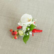 Laid carefully on a light beige, subtly woven fabric surface, this boutonniere reads as a small, considered study in contrast and texture-an image a florist in Epping might carry to a wedding at the parish church or a nearby woodland venue. The focal point is a flawless white phalaenopsis orchid: wide, silky petals that open in a serene, symmetrical curve, centring a gentle yellow-orange throat that warms the ivory. Surrounding it, airy sprays of gypsophila form a soft, cloud-like cushion, their tiny white flowers lending an ethereal softness that offsets the orchid's polished presence. At the base, clusters of red hypericum berries bring a lively punctuation, their glossy skins reflecting the soft morning light and supplying a festive, tactile contrast to the fine, frothy gypsophila. A few elongated pale green buds-delicate, promising-emerge through the mix, suggesting unfurling life and a just-cut freshness. Deep green leaves with a smooth, waxy finish are arranged as a subtle frame, grounding the bouquet's palette and enhancing its organic silhouette. The stems are bound in a bold red satin ribbon, neatly knotted with a short tail angled to the right, giving the boutonniere a refined, wearable quality. As crafted by a hands-on studio like Flowers Epping, this piece reads as intimate and timeless-an accessory that whispers care, seasonal freshness, and suitability for celebrations across Epping and nearby Theydon Bois.