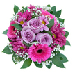 Capturing the heart of Epping in bloom, this expertly arranged bouquet is a visual symphony of purple hues and joyful textures. Silky lavender roses, dense with spiraling petals, nestle closely in the center, reminiscent of peaceful evenings in the gardens off Bury Lane. Vibrant fuchsia gerberas, unmistakable for their bright, layered petals and charcoal centers, radiate energy and happiness from among the softer shades. Dotted throughout, magenta and velvety pink chrysanthemums-each with delicate yellow centers-add playfulness and depth, mirroring the dynamic spirit of Epping's community gatherings. Wisps of white baby's breath dance above the arrangement, imparting a dreamy, airy finishing touch. The bouquet is encased in lush, deep green foliage, its glassy surface catching glimmers of light, alluding to the abundant greenery of the local countryside. This full, rounded bouquet, freshly prepared and available for delivery by Flowers Epping, radiates cheer and affection-a fitting tribute for birthdays, anniversaries, or to bring a touch of local artistry and floral freshness into any Epping home.