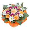 Expertly crafted with inspiration drawn from Epping's natural charm, this vibrant bouquet sits poised against a clean white backcloth-a perfect showcase for its celebratory mood and fine detail. At the heart of the arrangement, several grand peach and orange roses reveal their tightly furled petals opening into classic, generous blooms, exuding a sense of welcoming. Interspersed are clusters of bright magenta-purple chrysanthemums and petite white daisy-like varieties with fresh green centres, the former injecting lush colour and the latter embodying crisp freshness reminiscent of a morning walk through Epping's historic greenways. A wealth of dark green foliage-possibly ruscus-forms a substantial, leafy base, ensuring each flower stands distinct yet harmoniously united. Wispy strands of bear grass arch lightly over the flowers, offering a touch of contemporary flair and movement to the design. Wrapping the stems, vibrant crinkled orange paper or cellophane forms an eye-catching, festive collar, reinforcing the warmth of the rose hues within and mirroring the bustle of flower markets near Epping Tube station. This arrangement, rich in both texture and spirit, is a thoughtful choice for marking special occasions, extending gratitude, or simply illuminating an ordinary afternoon with a spark of florists' skill and local colour.