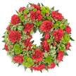 A lush sympathy wreath, perfectly circular and generously covered in flowers, is set against a pure white background so that every bloom and leaf appears crisp and distinct, as if resting on a white cloth in an Epping funeral home. The design is anchored by deep red carnations, whose ruffled, overlapping petals form plush, rounded heads that repeat rhythmically all the way around the ring. These warm crimson tones bring a sense of solemnity and heartfelt emotion, each flower like a small, velvety torch of memory. Scattered evenly among them are lime green button chrysanthemums, their compact, globe-shaped blooms layered with tiny florets that create a finely textured surface. Their bright green colour lifts the arrangement, symbolising hope and new life amidst sorrow. The flowers are cradled in a foundation of rich greenery: delicate, feathery fern fronds and darker, glossy leaves create depth, while variegated foliage with creamy edges softens the transition between red and green, adding subtle lightness and visual interest. A soft green striped ribbon is woven discreetly into one side of the wreath, its loops and folds gently echoing the circular shape and hinting at the thoughtful workmanship involved. The carefully balanced composition and harmonious colour palette make this wreath an elegant choice for funerals, wakes, and memorial ceremonies across Epping, whether it is placed at a graveside, displayed near the lectern in a church, or positioned beside a framed photograph at a remembrance gathering. It feels like a handcrafted offering of sympathy, composed with care for local families saying a final goodbye.
