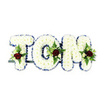 A serene, hand-crafted funeral tribute spells the name TOM in three large, three-dimensional letters made entirely of pristine white chrysanthemums. Each letter reads soft and pillowy at a glance, the small chrysanthemum heads packed densely to create a voluminous, cloud-like surface that suggests quiet comfort. Around every crisp edge a royal blue ribbon traces the contours, a vivid, almost satiny border that gives each letter a refined, defined silhouette against the stark white background. Nestled thoughtfully within the middle or lower area of each letter is a small, symmetrical spray: a single deep red rose anchors each cluster, its velvety petals speaking of enduring love, while nearby creamy ivory spray roses and tiny buds lend gentle contrast and an understated sweetness. Slender fern fronds and lush green foliage weave through the accents, adding a textured, living green that balances the cool whites and bold reds. The letters sit supported on a subtle dark green or black metal framework and a thin horizontal bar that keeps the composition upright and dignified, visible just under the bases. Under soft, even lighting the arrangement reveals subtle shadows and highlights on each petal, and a faint, comforting fragrance-green, slightly earthy, with the faint rose perfume-seems almost present. Designed with the care of an experienced florist, this personalised memorial piece feels like a quiet embrace for a farewell service, suitable for display at a chapel or family gathering in Epping, near the quiet walks of Epping Forest. The overall effect is both formal and tender: a respectful, handcrafted tribute that honours memory through simple colour, texture and graceful detail.