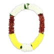 An elegant U-shaped floral garland appears to float against a pristine white background, its colours unfolding like a gentle story from purity through depth to light. The upper arch is formed from tightly strung white blossoms, small and densely layered, creating a smooth, pillowy band that suggests peace, prayer, and soft reflection. Moving down the sides, the garland transitions into rich maroon and deep reddish-brown petals, their clustered texture thicker and slightly more rugged, evoking a sense of earth, tradition, and emotional weight. These darker bands feel especially suitable for a funeral or memorial tribute, the kind you might see at a quiet service in one of Epping's chapels or resting near a family grave after a walk from the High Street. At the open base of the oval, the flowers brighten to a clear, sunny yellow, the blooms full and generous without becoming overpowering. This yellow section feels like a gentle blessing, a reminder of shared stories and small moments of joy within the sorrow of goodbye. Punctuating the design, neat tufts of fresh green foliage mark the transitions between white and maroon, and again between maroon and yellow, adding a natural lift and helping the colours breathe. Every part of the garland looks carefully considered, from the even thickness of each band to the lush, almost padded surface created by hundreds of individual florets. Whether used as a cultural mala, a spiritual offering, or a funeral tribute, the piece combines visual richness with quiet emotion, offering a dignified way to honour a life with colour, texture, and a sense of enduring respect.
