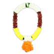An elegant artificial funeral garland in the style of a traditional mala is shown suspended against a stark white backdrop, its colours and structure captured in clear detail. The garland traces a soft oval or U-shape, as if ready to be placed over a cherished photograph or deity during a final farewell. At the crown, thick plaits of plush white petals create a broad, pristine band, evoking peace and spiritual purity, much like the calm one might feel during a quiet moment of reflection in Epping's peaceful residential streets. Subtle dashes of bright green leaf accents are tucked between the white blooms, introducing a lifelike freshness that suggests the presence of foliage without overpowering the simplicity. Moving down each side, the white gradually yields to sections of deep maroon petals, their earthy tone reminiscent of dried rose garlands used in traditional rites, adding a dignified and grounding note. These then transition seamlessly into expansive yellow segments, where sunny, golden petals sweep along the lower arc, softening the solemn mood with a gentle sense of hope and continuity. Just before the centre, slender strips of white petals reappear within the yellow on both sides, creating a thoughtful pause in the colour rhythm. Completing the design, a large, rounded pendant of vibrant orange petals hangs from the base, shaped like a full marigold pom-lush, symmetrical, and carefully formed. Every artificial petal is packed tightly, giving the piece a richly textured, almost cushion-like feel that mimics freshly strung flowers. Suitable for temple offerings, home shrines, or funeral tributes in and around Epping, this garland visually expresses respect, remembrance, and a heartfelt final blessing.