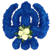 A large, meticulously crafted floral Khanda, the revered emblem of Sikhism, is displayed against a bright white backdrop, allowing every curve and edge of the design to stand out clearly. The entire symbol - from the central double-edged sword to the circular chakkar and gracefully arched kirpans - is formed from a dense carpet of royal blue chrysanthemums or similar small blossoms. Their tightly packed petals form a soft, velvety surface, with the uniform blue colour creating a calm yet commanding presence, much like the quiet strength felt in Epping's close-knit community. Nestled at the base of the central element is a contrasting cluster of white and green, drawing the gaze into the heart of the tribute. Three flawless white roses, freshly opened and creamy at their centres, sit together in a small bouquet, surrounded by airy white filler flowers and framed with short, deep green foliage that brings a touch of natural freshness. The arrangement is lit evenly, with gentle shadows underneath that give the floral work a subtle sense of height and solidity, as though it is resting on a stand at a memorial service. The blue and white palette feels both solemn and comforting, conveying respect, peace, and remembrance. This is the kind of bespoke Sikh funeral tribute that an experienced local florist might prepare for families in Epping, ensuring the Khanda symbol is honoured with precision, care, and heartfelt attention to every petal and leaf.