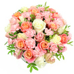 A luxurious, dome-shaped bouquet of roses and spray carnations fills the frame against a stark white background, its pastel colours glowing softly as if lit by gentle morning light. The design is so full that the container beneath is almost entirely hidden, creating the impression of a perfectly rounded cushion of petals. Large, open roses in creamy white, pale yellow, peach, apricot, and coral form the main structure, their velvety petals unfolding in graceful spirals. Between these focal blooms, clusters of light pink spray carnations are tucked in, their ruffled, frothy petals lending texture and a sense of playful movement to the arrangement. Scattered touches of slim, pointed green leaves peek through the flowers at different points, offering a fresh contrast that keeps the palette lively while still serene. The evenly diffused lighting picks up every curve and crease, making the roses' smooth surfaces and the carnations' fringed edges appear almost touchable. The mood is elegant yet approachable, like something you might see on a beautifully laid table in an Epping home overlooking the forest or delivered as a thoughtful gift to a loved one living near Epping High Street. This bouquet feels perfect for gentle celebrations: a spring birthday, a new baby, a soft-spoken congratulations, or a comforting gesture during a difficult time. It reflects the kind of careful craftsmanship and colour harmony that local Epping florists are known for, bringing together romance, warmth, and a refined sense of joy in one abundant pastel design.