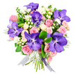 This opulent bouquet appears like a still-life painting brought to life, carefully posed against a pure white background so each colour feels luminous and clear. The centrepiece blooms are dramatic Vanda orchids, their generous petals saturated in deep violet and indigo, patterned with intricate speckles that resemble tiny constellations. They arc elegantly over a cushion of soft pink roses, some petals just beginning to unfurl, others spiralling fully open in lush, romantic swirls. Creamy white spray roses tuck themselves among the larger heads, filling small gaps and creating a sense of abundance, while delicate white filler flowers peek through like scattered stars. Clusters of rounded white hypericum berries add a smooth, polished texture, contrasting beautifully with the velvety rose petals. Threaded throughout the bouquet, silvery-grey dusty miller leaves introduce a cool, whisper-soft texture, their frosted appearance calling to mind early frost on hedgerows around Epping. Deep green, glossy foliage wraps the composition, providing depth and structure and giving the arrangement a freshly gathered, garden-style feel. The stems are bound together at the base with a sheer ribbon in shimmering tones of silver and lilac, its trailing ends falling in gentle curves that mirror the bouquet's rounded, generous shape. The mood is one of elegant celebration and tender emotion, ideal for anniversaries, Valentine's surprises, or a special delivery to a home near Epping Station or along the High Road. It feels like a bouquet chosen to say, with quiet confidence, that someone is truly cherished, blending exotic drama with the comforting beauty of classic roses.