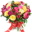 A luxurious, hand-tied bouquet of premium roses photographed against a crisp white backdrop, composed to feel abundant and celebratory. The arrangement gathers large, fully open hybrid tea roses alongside smaller clustered spray roses and tightly furled buds, creating a soft spiral of form that moves the eye from centre to edge. Colour is the language here: sunlit bright yellow roses sit beside creamy ivory blooms, while a range of pinks-soft blush, warm coral-pink and a vivid fuchsia-blend with deep burgundy and classic crimson to give contrast and depth. Dark, glossy greenery-likely ruscus or salal-peeks out between blossoms, its smooth leaves offering a cool, verdant frame that makes the petals sing. At the base the stems are neatly gathered and wrapped in a wide, bright red satin ribbon tied into a prominent bow; the satin catches the light so the tails gleam against the white background. Tucked into the ribbon is a small white tag printed with a stylised logo and the words Happy Holidays, suggesting a festive intent without hiding the personal touch. The bouquet's texture is tactile in description: silky petal edges, dew-sheen surfaces, the firmness of new buds and the soft give of open blooms. A faint, clean rose scent with a citrus lift seems to rise from the pictured cluster, evoking springtime walks through Epping Forest or the warm welcome of a community gathering. This arrangement reads as a versatile gift-romantic, celebratory or simply appreciative-ideal for birthdays, anniversaries or a thoughtful holiday surprise delivered around the Epping area.
