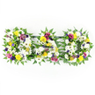 This image presents a poignant funeral flower tribute spelling out the word DAD in three sturdy, freestanding block letters, positioned in a neat row against a bright, uncluttered white background. Each letter is formed on a generous bed of deep green fern foliage, the fronds spilling slightly around the edges to soften the sharp corners and add a natural, garden-like feel. The surfaces of the letters are completely blanketed in white blooms, predominantly large chrysanthemums and open white gerbera daisies, their soft, cushiony textures blending into a calm, unified field of petals. Scattered purposefully through this white canvas are clusters of sunny yellow flowers - cheerful gerbera heads and dainty spray roses - that introduce light and warmth without overwhelming the serenity of the design. Dotted among them, purple lisianthus, rich magenta spray roses, and tiny lavender-toned blossoms provide sophisticated accents of colour, suggesting love, respect, and cherished memories. Little pops of bright green button chrysanthemums are woven throughout, lifting the palette and giving a sense of freshness, like new leaves in spring on the edge of Epping Forest. All the blooms are placed facing outward, carefully layered to ensure the letters remain clear and legible from across a chapel or crematorium hall. Inconspicuous dark bars link the three letters together from behind, so that the tribute reads as one continuous word. The overall effect is of a meaningful, beautifully balanced arrangement that would sit naturally beside a coffin or at the front of a service in Epping, a floral farewell that quietly honours a much-loved dad with grace and warmth.