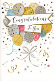 The scene features a refined congratulations card that radiates the same uplifting spirit you might feel strolling through Epping on a sunny afternoon when good news is in the air. At the heart of the design is a bouquet-like cluster of illustrated balloons, rising together in a gentle arc as if buoyed by excitement. The balloons appear in a balanced mix of metallic gold, soft silver, champagne, sky blue, blush pink and calm grey, each one with its own character. Some surfaces are smooth and luminous, others are lightly patterned with tiny shimmering stars, subtle glitter textures or delicate diagonal stripes, suggesting depth and the glimmer of party lights. From the base of the cluster, slim ribbons in sparkling gold and silver cascade downwards, curling and entwining like festive streamers after a family celebration in one of Epping's cosy homes. Across the centre, a flowing banner drapes gracefully over the balloons, carrying the message Congratulations To You in stylish, looping calligraphy that feels warm and genuine. Surrounding the main illustration, scattered metallic stars, confetti dots and swirling flourishes dance across a pale, softly glowing background, giving the sense that the whole card is gently shimmering. The composition feels airy yet sincere, like a quiet intake of breath before everyone claps and cheers. Created in the spirit of celebrations that matter-new jobs, exam successes, new homes around Epping and the nearby villages-this is exactly the sort of card we'd pair at Flowers Epping with a hand-tied bouquet, so that the visual sparkle of balloons and the fragrance of fresh blooms come together to honour someone's proudest moments.