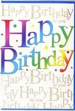 A bright, festive birthday card dominates the image, captured from the front so every detail of the design is easy to imagine. The main focus is the phrase Happy Birthday, spelt out in big, friendly letters that glide across the card like a banner over a party table in central Epping. Each letter carries its own vivid shade-ruby red, warm orange, lemon yellow, fresh grass green, ocean blue, and velvety purple-blended softly at the edges so the colours feel as though they're gently washing into one another, much like seasonal flowers arranged in a cheerful birthday bouquet. The finish on the lettering looks smooth and glossy, giving a subtle shine that makes the words seem almost three-dimensional and inviting to touch. Behind this bright greeting, the background is filled with an all-over pattern of fine, looping gold text that repeatedly reads Happy Birthday to you, as though a soft, melodic refrain is being whispered across the card. The gold script has a delicate shimmer, reminiscent of tiny fairy lights twinkling in a window near Epping Underground station on a celebration evening. Around the central words, small starbursts and confetti-like dots in matching rainbow colours are scattered playfully, adding extra sparkle and a sense of joyful movement. The card feels perfectly balanced: bold and energetic at first glance, yet refined and harmonious when you study the details. It would sit beautifully alongside a hand-tied bouquet sent to a birthday gathering anywhere in Epping, carrying with it a sense of excitement, affection, and the pleasure of choosing something truly joyful for someone special.