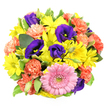 Captured from directly above on a pure white backdrop, this circular bouquet appears as a dense, radiant medley of colour, much like a carefully tended flowerbed condensed into a single, hand-tied arrangement. A dominant pink gerbera daisy sits slightly off-centre, its soft petals radiating in perfect rings around a gently textured centre tinted with greenish-yellow tones. Around it, bright yellow chrysanthemum daisies spread out, each bloom a miniature burst of sunshine, their fine petals adding a lively, star-like texture reminiscent of bright days wandering near the edges of Epping Forest. Interwoven among them, deep indigo-purple lisianthus blooms curl open with a satin sheen, some exposing their stamens, others still held in elegant, tapering buds that add height and dimension. Coral-orange carnations appear in ruffled clusters, their intricately frilled petals bringing a sense of playful movement and warmth, like the cosy charm of older gardens tucked behind houses near Epping station. A variety of greenery fills the spaces between-glossy deep-green leaves, softer stems, and variegated foliage with creamy edges that subtly frame the composition and prevent the colours from overwhelming the eye. The bouquet feels full and carefully balanced, with each type of flower given room to be noticed while still contributing to a unified whole. The overall mood is festive and upbeat, ideal for marking birthdays, promotions, or simple gestures of appreciation across Epping and nearby villages. Though the image is still, the arrangement suggests freshness, as if the stems have just been placed in water, ready to brighten a kitchen table or office desk.