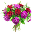 A dramatic hand-tied bouquet of deep red roses and vibrant purple carnations is set against a crisp white background, creating the impression of a freshly prepared gift ready to be delivered across Epping and the surrounding villages. The roses, a luscious shade of crimson, are fully opened yet still hold their classic, tightly spiralled centres, giving them a luxurious, velvety look. Their petals curve gracefully outward, catching the light and casting gentle shadows that emphasise their depth and form. Nestled among them, the carnations provide a joyous contrast: densely ruffled heads in shades of magenta, fuchsia, and royal purple, each bloom composed of countless soft, frilled petals that add volume and playful movement to the arrangement. The colour pairing feels bold and confident, the kind of bouquet that might be chosen to mark a milestone birthday or to surprise a partner returning home along Theydon Road. Rich greenery encircles the blooms, with glossy dark green leaves creating a strong framework and slender sprigs of eucalyptus lending a lighter, silvery-green accent. These leaves introduce a sense of airiness, as though the bouquet had just been gathered from a garden on the outskirts of Epping. The stems are carefully aligned and tied together at the base with a fine red ribbon, a subtle detail that speaks to the florist's skill and attention to balance. The uncluttered white setting ensures all focus rests on the interplay of red, purple, and green, celebrating both the romance and joy captured in this lush, thoughtfully crafted floral design.