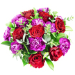 In this image, a lush circular bouquet is captured from above, floating against a pure white background like a colourful wreath of celebration. The design is tightly composed, with no empty spaces, just an abundance of rich blooms and greenery. At its heart, seven to eight deep red roses take centre stage, each bloom crafted with layers of velvety petals that curl inward at the centre and slowly unfurl toward the outer edges. The roses display subtle shifts in tone-from bright, confident scarlet on the outer petals to darker, almost burgundy shadows within-creating a sense of intimacy and depth. Surrounding and weaving between these roses are numerous magenta and purple carnations, their fringed, ruffled petals forming soft mounds of texture. Some carnations shine in vivid fuchsia, bringing brightness and energy, while others drift into deeper plum and royal purple, lending richness and a slightly dramatic flair. Fresh greenery completes the arrangement: smooth discs of silvery-green eucalyptus, broader glossy dark leaves reminiscent of Ruscus or Salal, and finer stems of lighter green foliage that introduce movement and lightness. Together, the flowers and foliage form a balanced, rounded composition, full and luxurious yet not overpowering. It feels like a bouquet that might be prepared by a trusted Epping florist for same-day delivery to a loved one in Theydon Bois or Thornwood, chosen to mark an anniversary, a birthday, or a heartfelt thank you. The combination of passionate reds, playful purples, and soothing greens gives the arrangement an emotional resonance-both romantic and joyful, with an undercurrent of quiet sophistication.