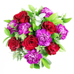 The photograph presents a sumptuous bouquet where deep crimson roses entwine with vivid purple carnations, the two flower varieties woven tightly together to create a luxuriant, almost theatrical display. The roses sit proudly, their velvety petals layered in rich spirals that catch the light along each curved edge, while the carnations provide an animated contrast with their soft, frilled blossoms that billow around the roses like decorative ribbons. Surrounding this colourful heart of red and purple is a thoughtfully arranged collar of greenery: glossy, dark leaves offering a solid base, intermixed with lighter, softer foliage that lends texture and volume. Long, graceful stems of eucalyptus stretch outward and upward, their round, silver-green leaves bringing a cool, contemporary touch and suggesting a fresh, clean scent that cuts through the richness of the blooms. The overall composition feels balanced and intentional, as if arranged by a seasoned florist at Flowers Epping who knows how to let each flower speak while still harmonising as a whole. Soft daylight, perhaps filtering in from a window near Epping High Street or a quiet lane leading towards the forest, bathes the bouquet so that every hue appears saturated yet natural. The bouquet seems perfect for intimate celebrations-a romantic anniversary dinner at home, a birthday surprise delivered across Epping, or a thoughtful gesture to someone recovering after a busy week commuting from the station. The interplay of colour, texture, and subtle fragrance creates an impression of heartfelt generosity, making this arrangement a memorable expression of affection, admiration, and shared moments within the local community.
