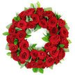 From the studio of Flowers Epping, this circular wreath of red roses is a study in quiet, enduring grace. Against a pristine white backdrop, dozens of deep crimson blooms are packed into an unbroken ring, each rose captured in a different moment of bloom-from tight buds hinting at future glory to petals that have begun to unfurl with velvety depth. The crimson glow is tempered by pockets of fresh greenery: broad, matte leaves with eucalyptus-like texture and slender, glossy ruscus peeking through the blossoms, like breaths of verdure that emphasise the flower's richness. The arrangement reads as both memorial and celebration, full and opulent yet restrained, its symmetry precise and its mood respectful. Light-soft and even-plays across the petals, highlighting the delicate folds and the subtle shading from ruby to scarlet, while the white background serves as a calm canvas that makes the colors feel even more alive. In Epping, this kind of wreath is a familiar gesture for funerals, anniversaries, and remembrance services, a dignified tribute that speaks of lasting connection. Crafted with attention to texture and balance, it would suit a funeral home display or a church sanctuary, or be sent as a generous condolence to a family across the town. This particular piece exemplifies the care of a local florist who understands how red roses communicate love, respect, and solace, and how a circular form embodies eternity.
