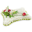 A soft, rectangular pillow-shaped tribute formed entirely from a dense carpet of small, pristine white chrysanthemums, photographed against a clean white background so every petal and texture reads clearly. The chrysanthemum surface is tightly packed to create a plush, cushion-like effect that suggests quiet comfort and repose; you can almost imagine the cool, understated scent of the blooms as light from studio lighting pools evenly across the surface. Around the edge, a pleated pale lime-green satin ribbon has been folded into a neat frill that outlines the rectangle with a subtle sheen, the colour offering a gentle lift against the snowy white cushion. On the upper left a natural cluster rises-a small, considered spray of two open white Oriental lilies revealing their pale yellow stamens, a closed lily bud, and a scattering of deep burgundy spray carnations whose ruffled petals give dramatic contrast and a feeling of warm depth. Feathery fern fronds and varied dark green foliage cradle that cluster, adding shadow and a living backdrop to the focal flowers. From that left group, a slim arch of bright green bear grass or salal is drawn across the pillow like a soft hand, its curved line leading the eye to the upper right where a single deep red rosebud rests, its velvety petals just beginning to unfurl - a quiet emblem of lasting love. The overall palette of white, deep red and soft green reads as a traditional sympathy piece, refined and restful, the kind of comforting floral pillow families in Epping might choose for a funeral service held near the High Street or at a chapel by Epping Forest.