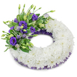 A circular funeral wreath shown against a clean white studio background, composed of a dense cushion of pristine white chrysanthemum blooms that form a seamless, soft ring. Each chrysanthemum, with its tightly layered petals, creates a plush textured surface that reads calm and reverent; the uniform white suggests purity and quiet dignity. At the upper-left quadrant a contrasting spray of purple Eustoma (lisianthus) provides the focal accent - several fully opened deep violet blossoms reveal pale yellow centers, while lighter lavender buds and slender stems add vertical movement and tonal depth. Interspersed among the lisianthus are fresh green leaves - glossy broad foliage and feathery, fern-like fronds - their varied textures lifting the purple cluster away from the white base and catching the light with subtle sheen. Along the inner and outer edges of the chrysanthemum ring a fine, crinkled dark-purple mesh or lace peeks through, a discreet trim that echoes the lisianthus hues and gives the composition a finished, considered edge. Soft, diffused studio lighting casts a gentle shadow beneath the wreath, giving it weight and presence against the white backdrop and highlighting the chrysanthemum petals' delicate ridges. The scent is imagined as faint and comforting - the mild, green perfume of fresh cut blooms rather than overpowering - and the overall impression is one of careful craftsmanship: a solemn, elegant tribute designed to convey sympathy, remembrance, and steadfast love, suitable for a funeral service or memorial setting in and around Epping and the green spaces of the Forest nearby.