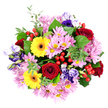 In this overhead photograph, a full, rounded bouquet sits against a pure white background, its colours and textures displayed like a floral mandala. Deep crimson roses, their petals spiralling inward in velvety layers, form strong focal points that suggest romance and sincerity. Between them, bright yellow Gerbera daisies stretch open, their petals radiating like sunshine over Epping's rooftops, each bloom centred with a contrasting dark eye for a bold, modern look. Soft pink and light purple chrysanthemums are threaded generously through the design, their many fine, feathery petals creating a gentle halo around the bolder flowers, adding both volume and a plush, comforting feel. Lisianthus blooms in rich purple, lavender, and muted blue are scattered throughout, their bell-shaped, slightly ruffled forms adding a refined, almost poetic elegance. Encircling and weaving between the flowers is an assortment of fresh greenery: some leaves are broad and glossy, while others are smaller, rounded, and reminiscent of eucalyptus, bringing layers of cool green that frame the brighter tones. Bright red hypericum berries nestle among the foliage in small clusters, like tiny jewels offering a festive sparkle. The lighting is clear and evenly diffused, ensuring every petal, leaf, and berry is visible without distraction, as if viewed on a bright table in a home near Epping Station or Coopersale. The overall impression is of a joyful yet composed mixed bouquet, ideal for same-day delivery in Epping to celebrate birthdays, offer congratulations, or bring comfort and colour to someone's day.