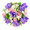 Captured from above against a bright white background, this densely packed, perfectly rounded bouquet showcases a sophisticated play of colour and texture that feels both modern and romantic, like something prepared for a special gathering in an elegant Epping home. Bold Vanda orchids in deep, jewel-toned purple are scattered across the arrangement, their wide petals patterned with darker violet veining that creates a striking mottled effect. They sit proudly among a profusion of roses in tender shades of blush pink, pastel pink, and soft cream, each rose at a slightly different stage of bloom-some still tightly furled, others opening to reveal soft, layered centres. The interplay of these roses creates a plush, cushion-like surface that supports the orchids visually. Fine clusters of small white flowers, resembling dainty asters, thread through the design, lightening the overall effect and adding a sense of breath and space, like sunshine catching wildflowers along the lanes near Epping. Creamy white Hypericum berries, round and almost pearl-like, bring a pleasing, tactile element, breaking up the smoothness of the petals with their bead-like presence. The bouquet is framed by a generous collar of foliage: deep, glossy green leaves for structure and rich colour, and feathery, silvery-green stems that recall Dusty Miller, adding coolness and softness around the edges. Everything is illuminated in even, natural light so each detail-from the velvety orchids to the satin roses-is clearly defined. This composition feels ideal for marking an engagement, a milestone birthday, or a thoughtful 'thinking of you' delivered anywhere in the CM16 area, expressing quiet luxury and heartfelt celebration.