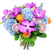 This image shows a luxurious hand-tied bouquet glowing against a plain white background, its colours and shapes carefully layered to create a sense of joyful abundance. Vanda orchids in brilliant magenta and deep berry-purple immediately draw the eye, their petals sprinkled with fine white speckles that lend an almost starry effect. They appear like luminous jewels, scattered thoughtfully across the top and sides of the design. Supporting them is a generous foundation of soft blue hydrangeas, each bloom composed of many tiny petals that cluster into plush, cloudlike spheres. Their cool, powdery blue seems to calm the brighter tones, evoking the peaceful light over Epping's open spaces on a clear morning. Threaded throughout are roses in two distinct moods: vibrant orange roses, whose petals are just beginning to open, radiate warmth and happiness; alongside them, dusty lavender and mauve roses add a gentler, more contemplative tone, perfect for conveying affection or gratitude. Tall, slender spires of deeper blue accent flowers, similar to delphiniums, peek through the main blooms, bringing a sense of movement and depth, as if a breeze were passing through a garden. Rich green foliage surrounds and supports the flowers, with broad, glossy leaves adding structure and a fresh, just-cut-from-the-garden feel that would be familiar to anyone strolling past front gardens near Epping Forest or Ivy Chimneys. The stems beneath are visible, neatly trimmed and tightly bound, showing the bouquet's hand-crafted nature. This arrangement feels both celebratory and refined, ideal for sending a thoughtful message to someone special in Epping, whether for a birthday, anniversary, or simply to brighten their day.