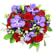 Against a pristine white background, this dramatic bouquet appears as a lavish circle of colour and texture, reminiscent of a carefully crafted arrangement ready to leave an Epping florist's studio. The focus is on an abundance of deep red roses, densely packed at the heart of the design, their velvety petals spiralling inwards in rich, romantic layers that immediately suggest passion and long-lasting love. Interspersed throughout are striking lavender-purple Vanda orchids, broad-petalled and eye-catching, each bloom patterned with tiny, deeper violet speckles that give the impression of fine fabric or hand-painted ceramic. These orchids sit slightly above and between the roses, bringing an exotic, modern twist. Around them, clusters of violet-purple lisianthus add soft ruffles and fluid movement; some are open and billowing, others remain as slender, nodding buds, suggesting a bouquet in gentle transition. Smaller, light-purple buds and florets provide delicate highlights, bridging the rich reds and deep purples with a softer, romantic touch. Surrounding this vivid heart of blooms, lush foliage frames the composition: dark green, glossy rose leaves create a solid base, while trailing stems of silvery-green eucalyptus fan outward, lending a cool, aromatic freshness that contrasts the warmth of the flowers. Finer filler greens with tiny leaves thread through, increasing the sense of depth and fullness as if the bouquet were just gathered from a secluded garden near Epping Forest. A glimpse of silvery-grey mesh or netting near the base hints at sophisticated wrapping, ready for same-day delivery across Epping for occasions that call for a bold yet elegant declaration of love or celebration.