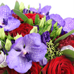 The photograph presents a lush, densely packed bouquet that radiates romantic drama, as if it has just been placed on a polished table in an Epping townhouse before a celebration. Front and centre are generous Vanda orchids in cool shades of lavender, lilac, and deep violet, their broad petals patterned with intricate darker purple speckles that lend an exotic, almost mysterious charm. These orchids rise above the main body of the arrangement, their silky surfaces catching soft light and revealing subtle shifts in colour from petal edge to throat. Beneath and around them, deep crimson red roses cluster closely together, each bloom composed of velvety petals tightly curled into a classic spiral, evoking passion and timeless declarations of love. Threaded through this pairing, smaller royal purple lisianthus blooms add ruffled softness, while slender, lime-green buds offer contrast and a visual sense of new life. The flowers are cradled in a generous collar of rich emerald foliage, leaves overlapping in different directions to create movement and shape, similar to the layered greens you might see in gardens around Epping. Delicate chartreuse filler and tiny berries peek through the gaps, adding texture and a slightly untamed touch to an otherwise very polished design. Around the outer edges, faint hints of pale pink or white petals can be glimpsed, gently lifting the darker jewel tones and making the bouquet feel lighter and more dimensional. The overall effect is of a carefully crafted, luxurious floral arrangement perfect for anniversaries, Valentine's gestures, or any moment when someone in the Epping area wishes to send a message of deep affection and cultivated elegance.