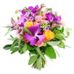 A sumptuous, hand-crafted bouquet is shown against a crisp white background, its full, rounded shape overflowing with premium blooms in jewel-like colours. The most striking elements are the Vanda orchids, their large, winged petals bathed in rich purple with lighter speckles, giving a distinctly exotic feel. Around them, orange roses glow with fiery warmth, some in tight, ball-like buds and others beginning to open into layered spirals, suggesting energy and joy. Interlaced among these are soft pink garden roses, their petals velvety and slightly curled at the edges, in stages from bud to open bloom, lending tenderness and romance. Several elegant calla lilies in smoky plum and muted lavender stretch from the centre, their sculptural trumpets curling upwards and outwards, adding height and a sleek, modern silhouette. The bouquet is cradled in a lush bed of greenery, with thin, silvery eucalyptus leaves giving a cool, airy frame and deeper green foliage adding weight and contrast. Tiny lavender and lilac filler flowers are tucked discreetly between the larger heads, like little whispers of a countryside verge near Epping, adding a fine, almost lace-like texture. The natural stems are gathered and bound at the base, visible and slightly splayed, clearly marking this as a true hand-tied design crafted with care. The composition radiates a sense of joyful luxury, perfect for marking life's big moments-an engagement celebrated in a cosy home off Epping High Street, a milestone birthday near Ivy Chimneys, or a heartfelt thank you delivered to a local office-bringing colour, scent, and artistry into everyday Epping life.