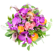 Captured from directly above on a pure white background, this striking bouquet looks like a living mandala of colour and form, the kind of expertly crafted design you might find prepared for same-day delivery from an Epping florist serving homes around Ivy Chimneys. Bold Vanda orchids provide the first dramatic note, their large petals saturated in fuchsia and deep magenta purple, each one marked with delicate, netted tessellations that lend an almost jewel-like quality. Surrounding and intertwining with them are densely clustered roses, some in soft, powdery pink and others flaring into bright orange and golden yellow, their tightly layered, spiralling petals suggesting fullness and heartfelt emotion. Rising gracefully from this colourful bed, sleek calla lilies in a rich plum, verging on aubergine, curve upward in elegant, trumpet-shaped blooms that add a sense of height and sophistication. Threaded delicately throughout are small, airy sprigs of lavender and light purple filler flowers, reminiscent of phlox, which soften the stronger tones and contribute a gentle, meadow-like charm. A generous collar of foliage frames the bouquet: broad, vivid emerald leaves mix with the round, silvery-green discs of eucalyptus, creating a fresh, botanical contrast that feels calm and contemporary. The flowers are arranged in a dense, rounded composition, every stem carefully placed to balance colour, shape, and texture. The overall impression is one of joy, celebration, and modern elegance-a bouquet perfectly suited to an anniversary dinner near Epping High Street, a milestone birthday, or any moment when you want to send a visually stunning, emotionally uplifting arrangement.