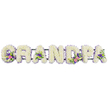 A personalised funeral flower display spells out GRANDPA in bold, upright letters that run horizontally across the image, each one completely filled with tight clusters of pure white chrysanthemums. The round, layered petals create a thick, velvety texture so that the letters appear almost pillow-soft, yet their shapes are crisp and easily read. Around the outer edge of each letter, a fine trim of small lilac and purple blossoms adds definition, the cool tones tracing every curve and corner like a gentle shadow. The letters are linked from behind by a slim dark green bar, which quietly supports the tribute while allowing the flowers themselves to remain the focus. Scattered with care across selected letters are accent sprays that bring subtle colour and individuality: the 'G' and the first 'A' are adorned with sprays featuring elegant white lily-like flowers emerging above bright pink and fuchsia blooms, with hints of deeper purple and polished green foliage. The 'D' carries a particularly striking cluster that echoes this palette and introduces tiny lime-green button chrysanthemums, lending a fresh, hopeful brightness. Another 'A' is softened with similar tones, ensuring balance across the tribute. Set against a clean white backdrop, the arrangement is lit softly so that every petal, stem, and leaf can be distinguished, yet nothing feels harsh. The overall effect is one of quiet gratitude and deep affection, as if created by a caring local florist for a family in Epping wishing to honour a beloved grandfather at a funeral service or graveside farewell, with flowers that speak of love, respect, and cherished memories.