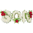 A tender, hand-crafted sympathy piece spells the word SON in three generous capital letters, photographed against a clean white backdrop. Each letter is built from a dense carpet of small, pristine white spray chrysanthemums, their petals packed closely to create a soft, pillow-like texture that reads as purity and calm. Winding through and around the white blooms are rich green ivy trails and glossy foliage, which give the letters depth and a natural silhouette while suggesting the continuity of memory. Deep, velvety red roses provide emotional punctuation: a cluster of three roses nestles in the upper left curve of the S, a single dramatic red rose settles at the lower center of the O surrounded by feathery fern fronds, and another trio of roses climbs the right side of the N. Natural daylight sculpts the arrangement, catching the cream tones of the chrysanthemums and the sheen on the ivy leaves while casting soft, respectful shadows across the white surface. There is a subtle floral perfume of fresh white blooms with the warm, heady note of roses-an olfactory presence that feels comforting in a solemn setting. As a funeral letter tribute, this design reads as both personal and dignified, often chosen for services, wakes, or graveside remembrance to honour a beloved son. The craftsmanship emphasizes balance and clarity so that from a distance the word remains legible and, up close, the careful layering of textures and foliage reveals a thoughtful, compassionate florist's hand. The overall mood is one of quiet reverence: white for peace, green for enduring remembrance, and red roses as a declaration of love and grief combined.