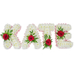 A handcrafted floral tribute spelling KATE in large, three-dimensional block letters, each letter built from a dense cloud of small, pristine white chrysanthemums that form a soft, cushion-like surface. The edges of every character are finished with a pale pink satin ribbon, gently pleated to trace each contour and lend a whisper of warmth to the otherwise pure white composition. Set against a clean white backdrop and bathed in soft, neutral light, the texture of the chrysanthemums reads like fresh snowfall - petal by petal - while a single deep-red rose anchors the face of each letter, its velvety petals drawing the eye with a dignified, emotional contrast. Rich green foliage - glossy broad leaves and delicate fern fronds - fans out beneath and around each rose, adding depth, cool colour and a natural frame. On the 'K' the rose and foliage sit low on the left vertical stroke, the 'A' is crowned centrally at the apex of its triangular peak, the 'T' bears its floral focal point at the base of the left side of the crossbar, and the 'E' carries its rose along the middle horizontal arm; these placements balance form and sentiment across the name.

This arrangement feels quietly ceremonial, a bespoke memorial piece suitable for a funeral, celebration of life, or a commemorative anniversary. The overall palette of white, deep crimson and verdant green evokes purity, enduring affection and reverence. As a florist describing the piece, I note the careful density of chrysanthemum heads, the tactile softness under the ribbon border, and the measured spacing that makes each letter legible from a distance while remaining intimate up close.

The bouquet reads as a gentle statement of remembrance - composed with empathy, crafted to travel easily to a funeral chapel or into a service room, and designed to sit respectfully among family tributes and floral displays.