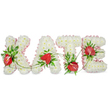 A tender, three-dimensional floral tribute spells the name KATE in large, capital letters, each form built from a dense, cushiony carpet of small white spray chrysanthemums. Up close the surface reads like quilted snow - tight, silky petals packed to create a soft, uniform texture that suggests purity and calm. Each letter's outer edge is finished with a pleated, light pink ribbon that catches the light with a whisper of sheen, softening the stark white and lending a gentle, almost fabric-like definition to the contours. Scattered as warm punctuation across the white base are glossy red anthurium spathes, their heart-shaped forms and pale yellow spadices sitting like small, steady beacons against the pale palette. Deep green foliage - glossy broad leaves, delicate fern fronds and subtle ruscus sprigs - is artfully woven into and around the letters, while thin trailing vines drift between the characters to link them visually and introduce a sense of organic movement.

Set on a clean white background with a soft drop shadow beneath each letter, the arrangement reads as both sculptural and intimate. The overall effect is quietly reverent: the cool, faint leafy scent of chrysanthemums mingling in the imagination with the waxy perfume of anthuriums; a composition that feels right for a funeral, wake or remembrance service. As a local florist familiar with Epping and the nearby hush of Epping Forest, I picture this tribute positioned near a church doorway or chapel lectern, offering a visible, respectful expression of memory and love for family and friends gathered to say goodbye.