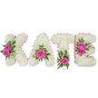 A freestanding, three-dimensional floral tribute spells the name 'KATE' in clear capital letters, each letter built from a dense carpet of small, pristine white chrysanthemums that give the blocks a soft, cloud-like surface. A pale pink satin ribbon traces the inner contours of each character, adding a subtle feminine edge and a gentle contrast against the pure white blooms. Hot pink roses - vivid fuchsia to deep magenta - are gathered into small clusters and placed as focal points across the letters: two open roses on the left arm of the K, a single prominent rose at the base of the A, a solitary bright rose at the foot of the T, and a duo of roses along the right side of the E. Interspersed among the roses are delicate light-pink spray flowers and curls of fern-like fronds, ruscus and variegated leaves that peek through the white chrysanthemum field, bringing fresh garden greens and textured movement to the composition.

Set against a clean, bright white background with soft shadows beneath, the arrangement reads as both carefully crafted and quietly luminous; the roses lend a faint, sweet rose scent while the chrysanthemums keep the overall impression serene and pure. This personalised floral name tribute, finished with neat ribboned edges and sculptural depth, is traditionally chosen for memorial services or celebrations of life - a tender expression of remembrance and respect. Locally, this is the sort of bespoke tribute one might commission for a service near Epping Forest or the High Street chapels, where the delicate balance of white and pink offers comfort and gentle dignity.