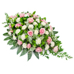 Against a clean white background, a generously proportioned sympathy spray in a graceful teardrop shape unfolds in soft pinks, whites, and lush greens, creating a calm, contemplative presence. The arrangement is dominated by numerous small to medium-sized pink roses, their petals layered and velvety, ranging from delicate blush to a deeper rose-pink that adds warmth and depth. Some roses appear newly opened, their centres still slightly cupped, while others are fully expanded, giving a feeling of fullness and abundance. Between these roses, clusters of pristine white carnations or spray carnations provide a lighter, airy texture, their intricately ruffled petals echoing the softness of clouds. Around and beneath the flowers, a rich bed of foliage supports and frames the design: dark, glossy green leaves form a strong base and border, while round, silvery-green eucalyptus leaves peek through, softening the edges and suggesting a fresh, soothing scent. From the narrower point of the spray, strands of trailing greenery flow outward in a gentle arc, adding movement and guiding the eye along the length of the piece. The composition feels both structured and natural, much like the wooded paths around Epping Forest, offering a sense of calm continuity. It is easy to imagine this floral tribute resting on a casket or at the front of a service, a thoughtful expression of sympathy for families gathering in and around Epping, quietly conveying love, respect, and the hope of peace.
