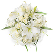 From a top-down, aerial viewpoint this hand-gathered round bouquet reads as a study in quiet white - a dense, circular cluster of pristine white oriental lilies, creamy ivory roses and clouds of tiny Gypsophila. The lilies open wide with trumpet-shaped petals and pale green stamens that offer a soft, architectural centre to the composition; nearby the roses sit mostly as tight buds or gently unfurling blooms, their velvety cream layers creating a tender, layered texture against the lilies' broader planes. Sprigs of delicate white Baby's Breath weave between the larger flowers, giving the arrangement an airy, frothy softness that softens the overall silhouette, while a few lively green leaves peek out at the rim to provide a fresh edge and subtle contrast. Photographed on a pure white background, the bouquet's symmetry and compact form emphasise its bridal and ceremonial character without distraction.

The bouquet carries a quiet scent - the lilies' sweet, heady perfume balanced by the gentle, honeyed note of the roses - and feels like a floral statement of purity and calm, suited for weddings, christenings or reserved sympathy tributes. As a local design you might picture arriving to a service or ceremony from Epping High Street or taking the bouquet for last-minute preparation near the edge of Epping Forest; the composition reflects the steady hand of an experienced florist who understands classical proportions and occasion-driven sentiment. The overall impression is of timeless elegance: a well-considered, tactile arrangement that reads strongly in photographs yet will also sit beautifully in a bride's hands or as a refined centrepiece at an intimate reception in the Epping area.