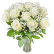 A serene, luminous bouquet of about a dozen fully opened white roses fills the frame, their velvety petals unfurling in soft spirals and catching the light like satin. At the very heart of a few blooms a faint creamy-yellow tint gives gentle depth to the otherwise pristine white, a subtle warmth that reads as tenderness when the arrangement is held close. Interwoven between the larger roses are airy clouds of baby's breath (Gypsophila paniculata), those tiny clustered blossoms that create a mist-like softness around each head and lend a whisper of texture to the composition. Beneath the blooms, a variety of lush green leaves - some broad and glossy, others tapered and slightly serrated - fan out to frame the flowers and introduce a vivid, natural contrast. The stems are neatly trimmed and visible through a simple clear glass vase at the bottom centre of the image; the vase's slightly flared neck and transparent water allow a clean view of the submerged stems and the careful floral mechanics beneath. Bright, even lighting bathes every petal and leaf, making the whites glow and revealing the satiny surface and delicate veins of each rose. The overall impression is one of quiet elegance and purity - a timeless arrangement suitable for a wedding in the shadow of Epping Forest, a peaceful sympathy tribute for a service at St John's Church, or an understated centrepiece for a sunlit kitchen on Epping High Street. The bouquet feels intentional and calm, crafted to convey solace, new beginnings, and the gentle dignity of simple white blooms.