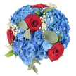 Viewed from directly above against a clean white background, this hand-tied, circular bouquet reads like a small, proud banner of colour - a dense, domed cushion of blue hydrangea florets ranging from soft sky blue to deeper sapphire, their tiny individual petals layered like rouged silk. Nestled into that voluminous blue are several fully opened, deep red roses whose velvety spirals draw the eye to warm centres; the roses sit like small beacons amid the hydrangea cloud rather than towering above it. Sprays of baby's breath (Gypsophila) are sprinkled through the composition, their minute white blossoms adding a pinpoint brightness and an airy counterpoint to the heavier blooms. Muted, round eucalyptus leaves and a few sharper, greener foliage pieces are worked in to provide cool, matte texture and subtle scent - the silvery-green leaves rest gently on the surface, softening edges and adding depth. Soft daylight in the photograph emphasizes the hydrangeas' fluff and the roses' satin sheen, while the clean white backdrop keeps the palette purposeful and celebratory. The overall mood is one of refined festivity: the red, white and blue combination evokes patriotic or commemorative occasions, from local Remembrance gatherings to summer celebrations held near Epping Forest or along Epping High Street. A florist's restraint is visible in the tight, domed construction - every stem placed for balance and longevity. This bouquet is well suited to a heartfelt gift, a commemorative centerpiece, or a tasteful ceremony table, conveying calm dignity, warmth, and the fresh scent of summer blooms available for delivery across Epping and nearby villages.