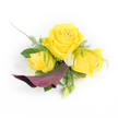 A joyous, wearable bouquet rendered as a corsage, set against a clean white background so every colour and curve reads clearly: three buttery yellow roses form the luminous heart, one fully open at the centre and two slightly less unfurled at either side, each petal layered like soft satin. Tiny clear faceted rhinestones nestle at the heart of every rose, catching light into delicate sparkles as the piece moves. Beneath the cluster a single sculptural calla lily in deep plum or burgundy curls downward and to the left, its smooth, satiny throat creating a dramatic counterpoint to the sunlit roses. The composition is softened with wispy asparagus fern and broader dark-green foliage that gives the corsage weight and structure, while small ivory button chrysanthemums tuck close to the roses, brightening the arrangement and adding a honeyed, powdery texture. A couple of closed green buds peek from the lower right, hinting at natural growth, and a sheer, lacy white accent is tucked behind the left-hand rose, lending an ethereal, almost vintage ribbon-like echo. In scent the piece is quietly floral-the warm, familiar perfume of rose cushioned by green, leafy notes-ideal for weddings, proms, or a celebratory day in town. As a florist who often prepares pieces for events around Epping High Street and the edge of Epping Forest, I think of this corsage as a confident, elegant accent: bold in colour but gentle in movement, catching morning or evening light and leaving a bright, joyful impression on any lapel or wrist.
