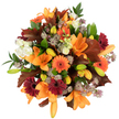 An overhead, close-up portrait of a lush, hand-tied autumn bouquet captured against a crisp white background, every petal and leaf shown in bright, natural light. At the heart of the arrangement sit several large, fully opened orange Asiatic lilies, their trumpet-shaped petals unfurling with a satiny sheen and warm apricot undertones. Scattered among them are radiant Gerbera daisies in pumpkin orange and deep burgundy-red, their dark centres providing a bold, sunburst contrast. Tight, pale orange and bright green lily buds tuck in between the open blooms, promising more color to come and adding layered depth to the composition. Soft clusters of creamy white lisianthus offer ruffled, gentle texture that quiets the richer tones, while airy, star-like Astrantia in muted purple and lavender weave delicate, almost lacy filler throughout. Broad, deeply lobed leaves in reddish-brown and chestnut echo fallen oak foliage and anchor the bouquet in an unmistakable autumn mood; smaller fresh green leaves and slender stems thread through the arrangement, keeping it feeling lively and vital. The overall effect is densely packed, fresh, and abundant-an autumn harvest in floral form that seems to glow with late-afternoon warmth. The subtle scent is imagined as woodsy and floral, evocative of a walk beneath Epping Forest's canopy, and the arrangement reads equally well as a Thanksgiving centrepiece, a warm birthday gift, or seasonal décor for a High Street flat near the station. This is a carefully balanced design that celebrates texture, tone, and the changing season with confident florist craftsmanship.